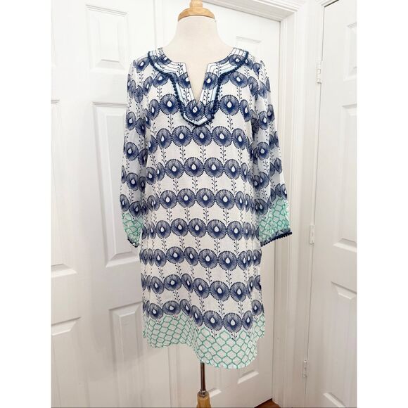 Nimo Blue White Pom Pom Embroidered Cotton Silk Dress Size Large - Picture 2 of 8